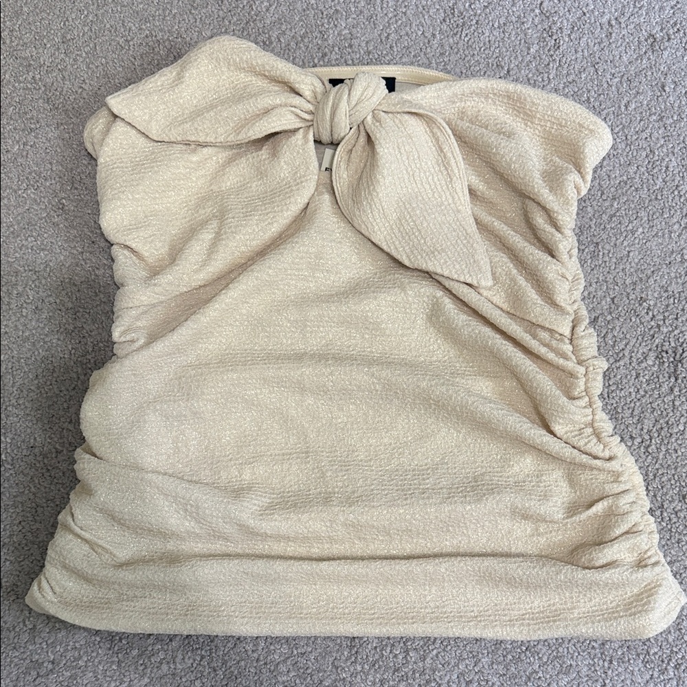 Beige Shiny Strapless Bow Top